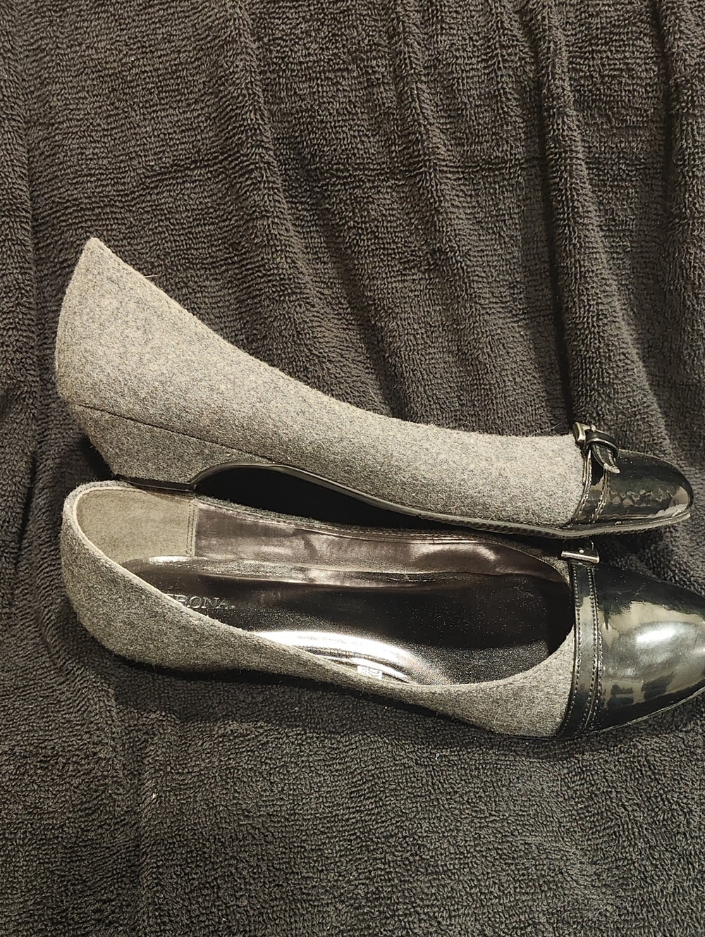 Grey Felt and Black Cap-Toe Women's Low Heel Wedge Pump